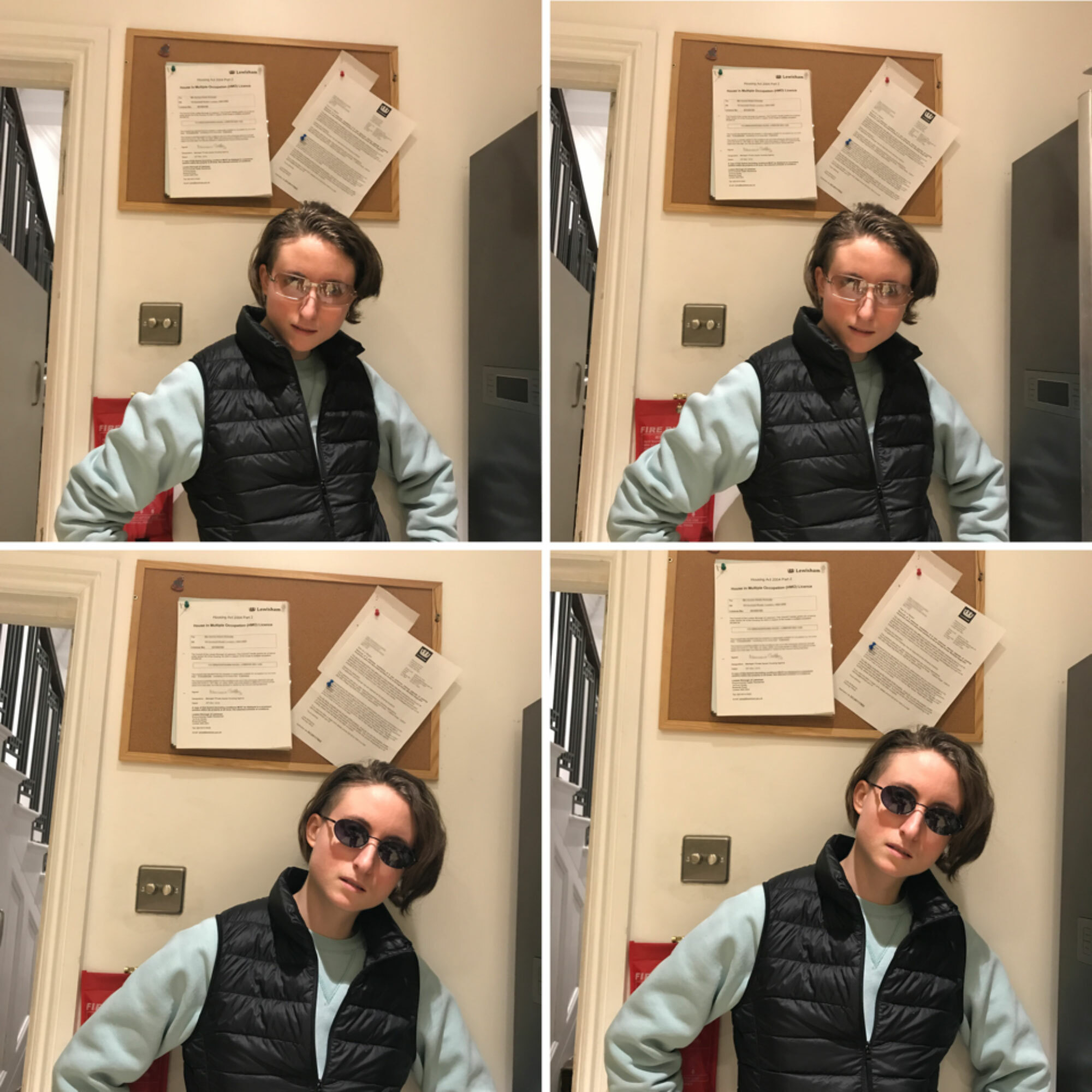 A person wearing a bodywarmer with sunglasses poses for four images.
