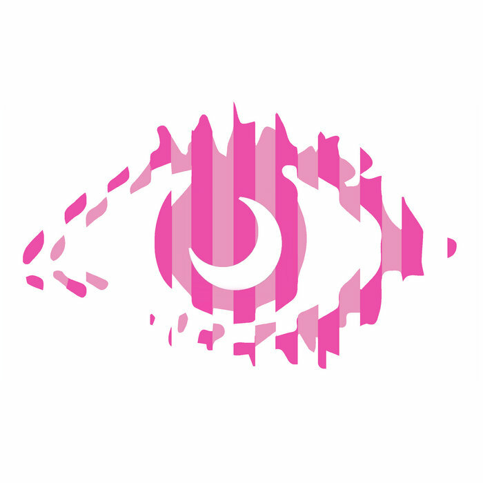 A single graphic eye in pink fills the artwork on a white background.