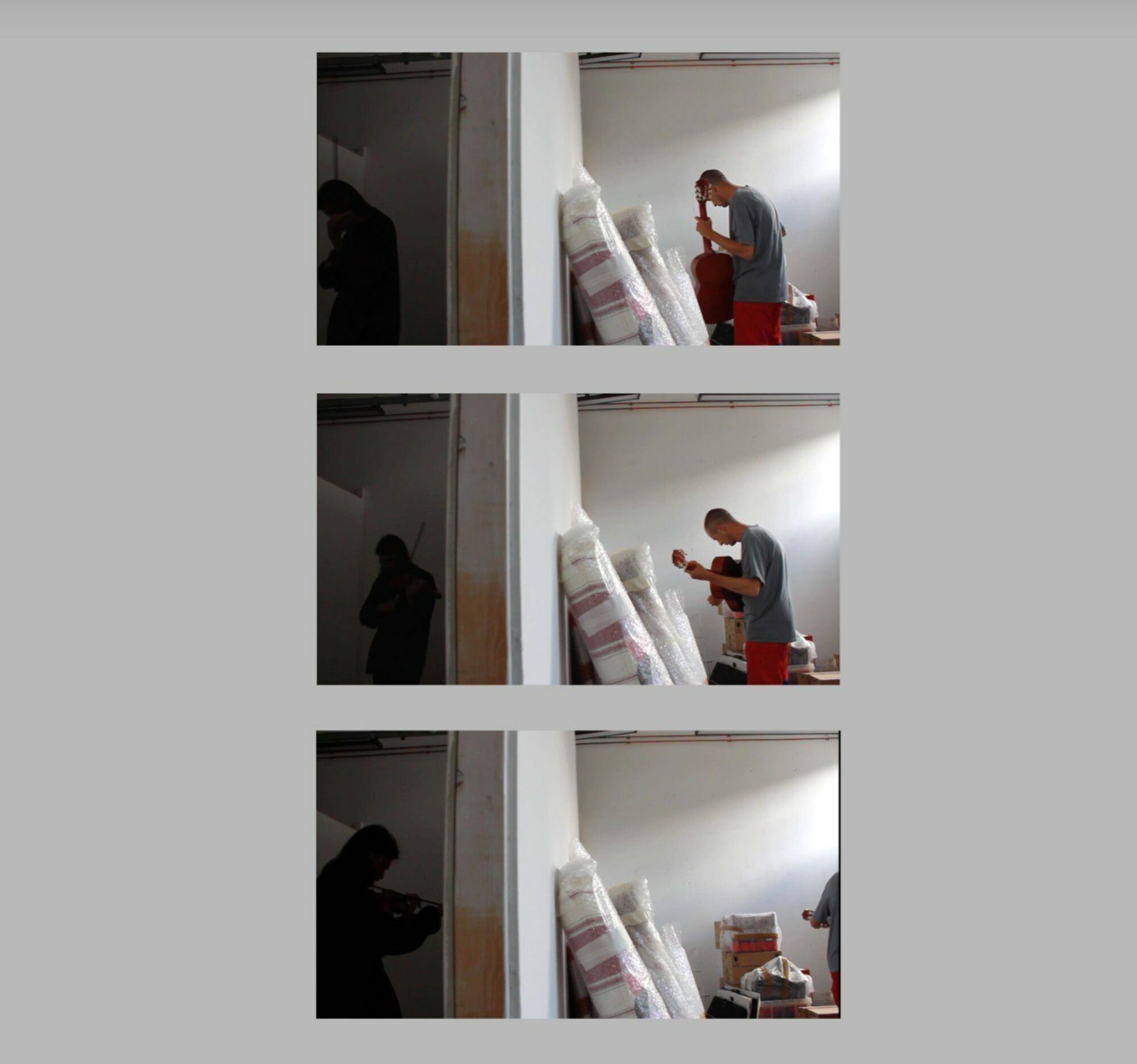Three photos composed vertically; someone's room where they are playing guitar.