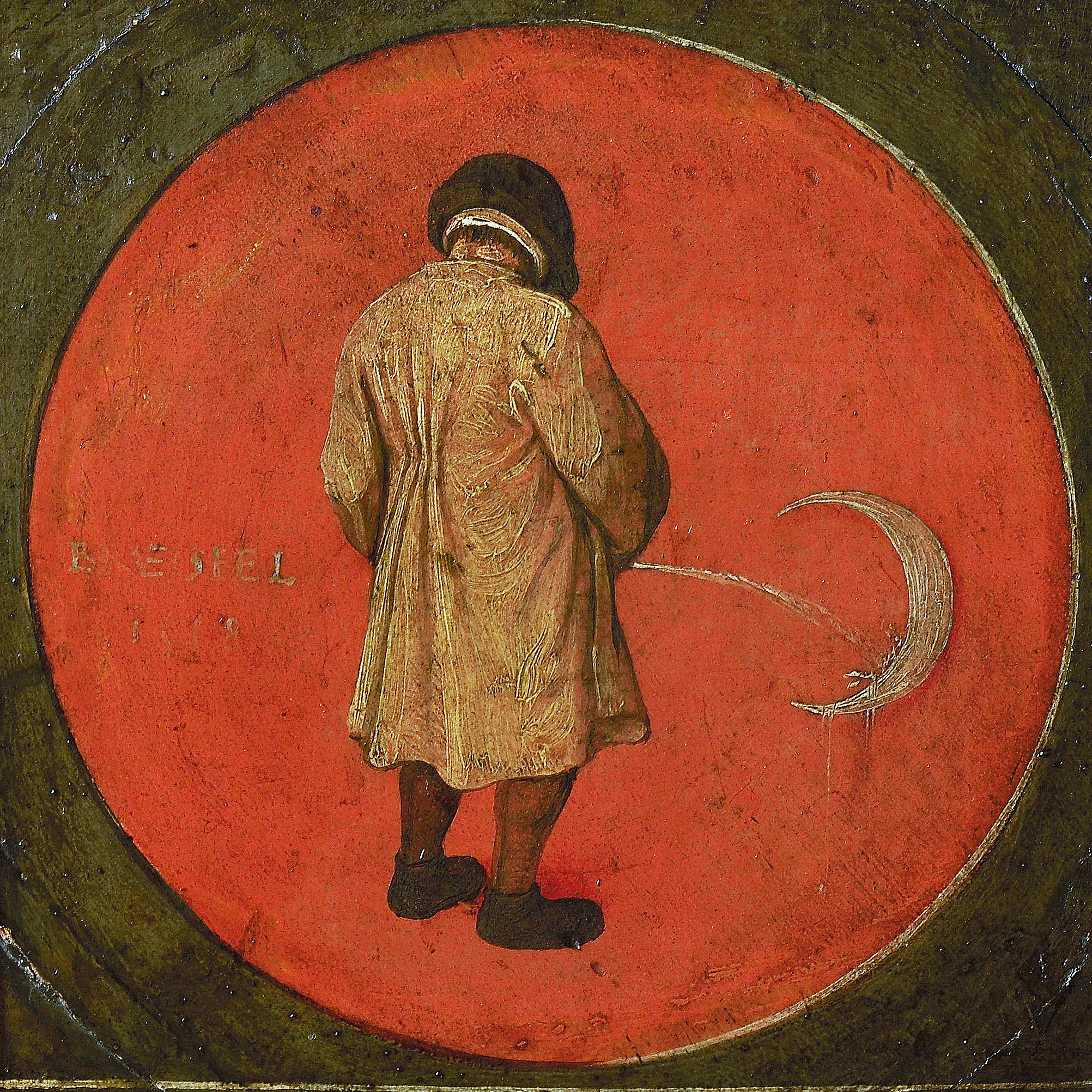 a painting with a red/orange background depicting a man peeing on a crescent moon