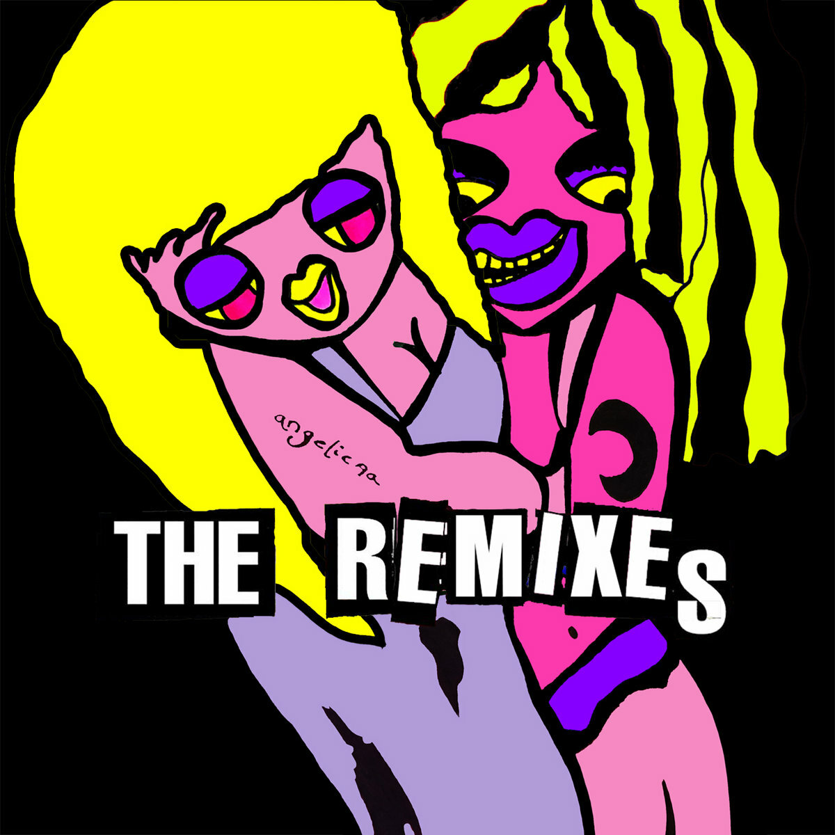 Two brightly coloured figures with pink skin and blonde hair embrace each other. The words 'the remixes'.