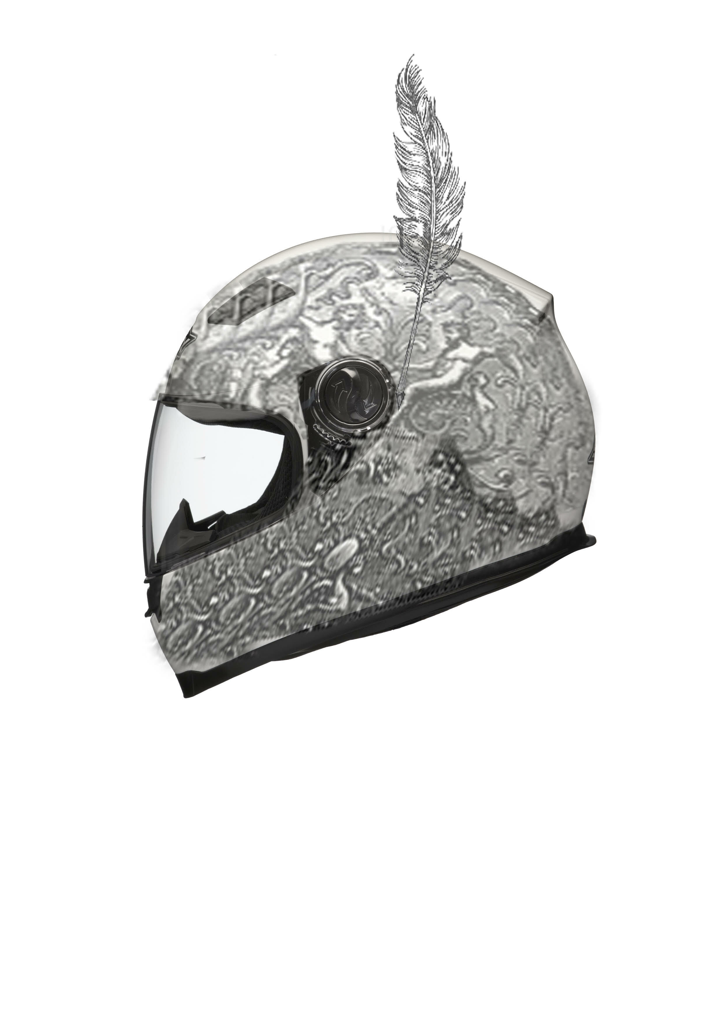 a black and white motorbike helmet seen from the side with a feather sticking to the side