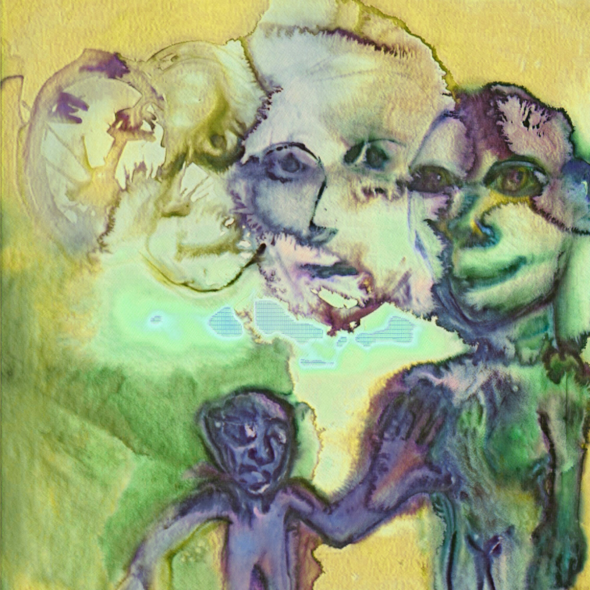 A green and yellow watercolour illustration of faces and bodies merging together