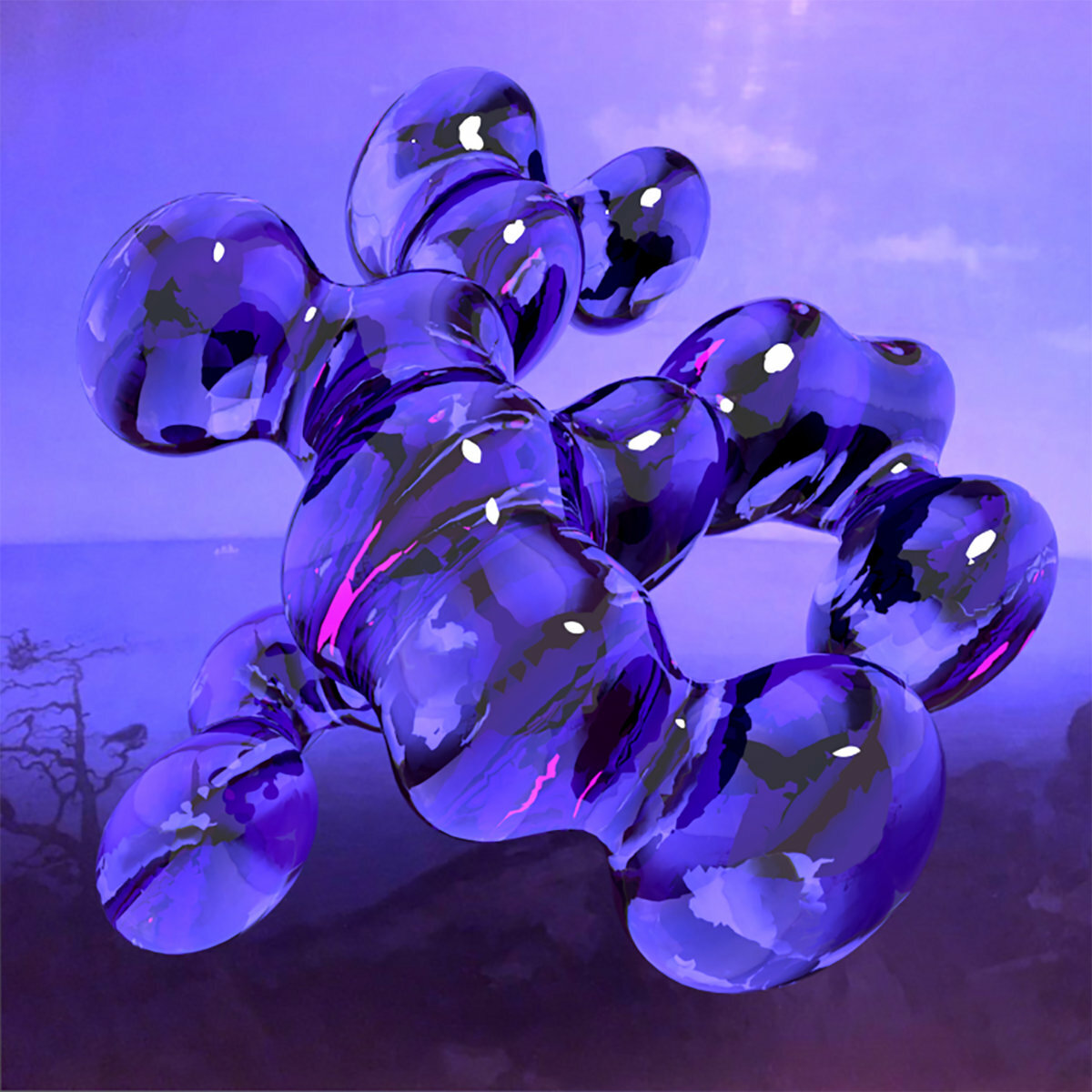 Fluid orbs merge together against a purple background.